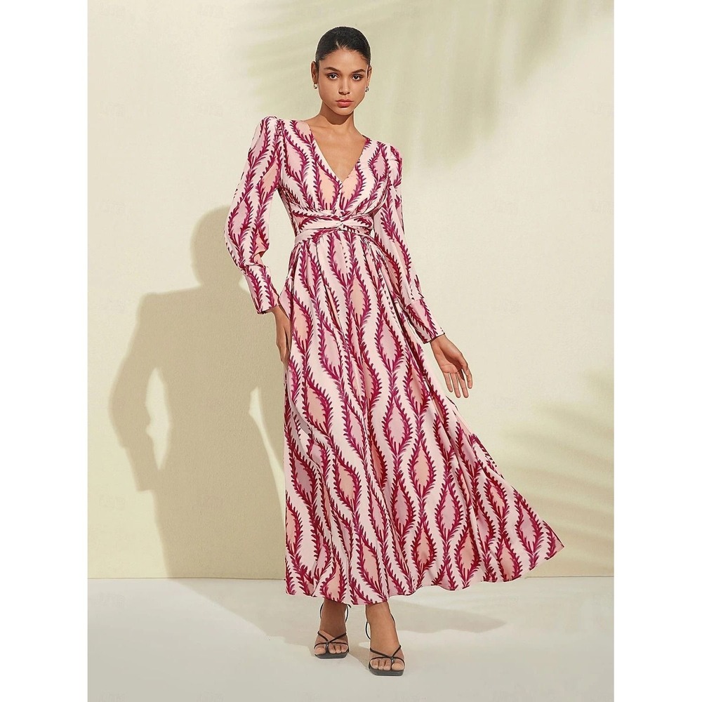 Ador Pink Botanical Print V-Neck Twisted Waist Long Sleeve Maxi Dress Medium NWT
